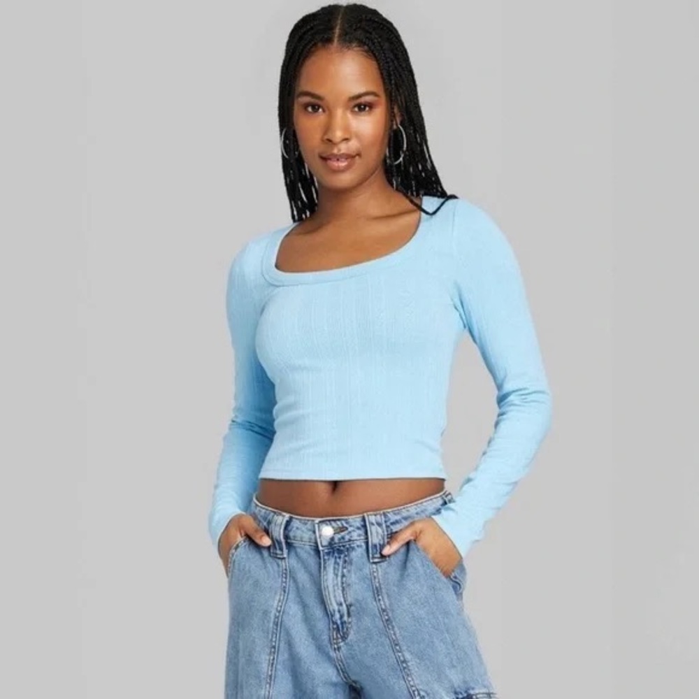 Women's Light Blue Ribbed Long Sleeve Top
